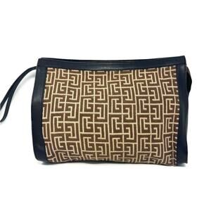Balmain Vintage 1945 Heritage Monogram Jacquard Brown Canvas Leather Clutch